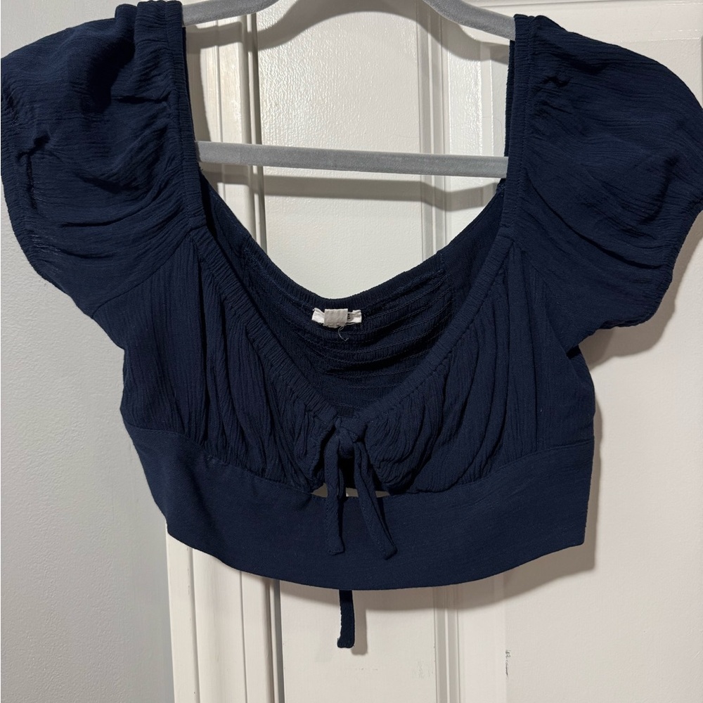 Garage Dark Blue Puff Sleeve Crop Top